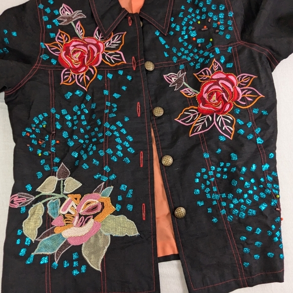 Indigo Moon Embellished Black Jacket Vibrant Floral & Abstract Designs Medium - Picture 12 of 15